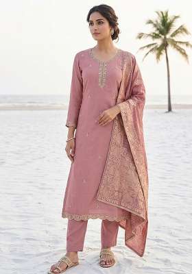 Purple Beads Work Cotton Material Suit Set