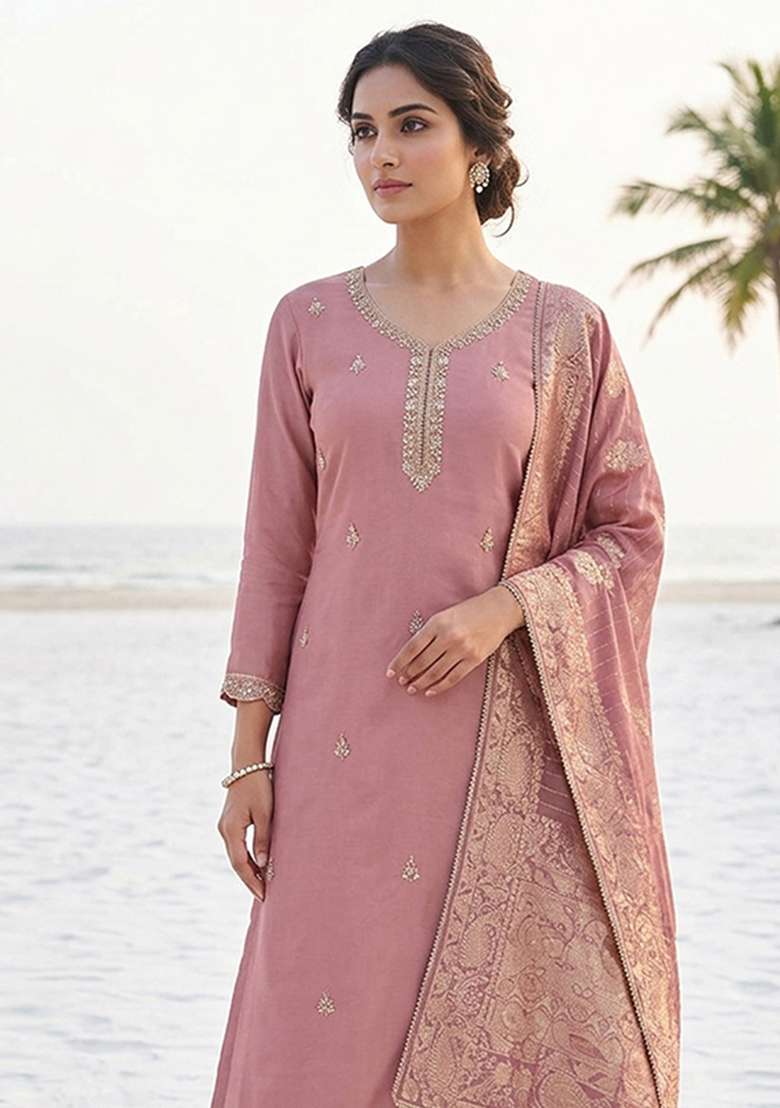 Purple Beads Work Cotton Material Suit Set - Indya