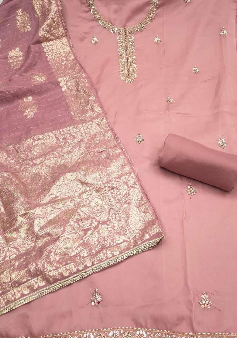 Purple Beads Work Cotton Material Suit Set - Indya
