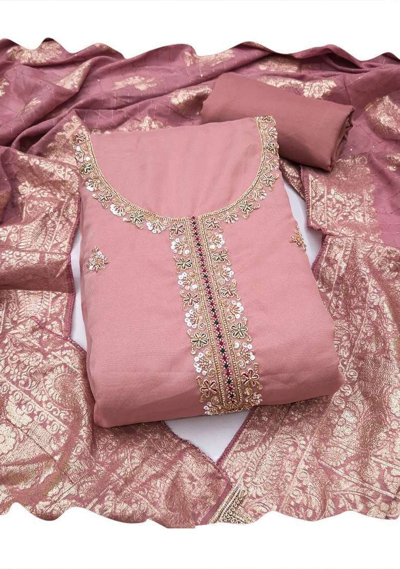 Purple Beads Work Cotton Material Suit Set - Indya
