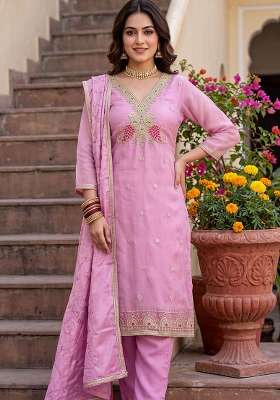 Purple Embroidery Viscose Material Suit Set