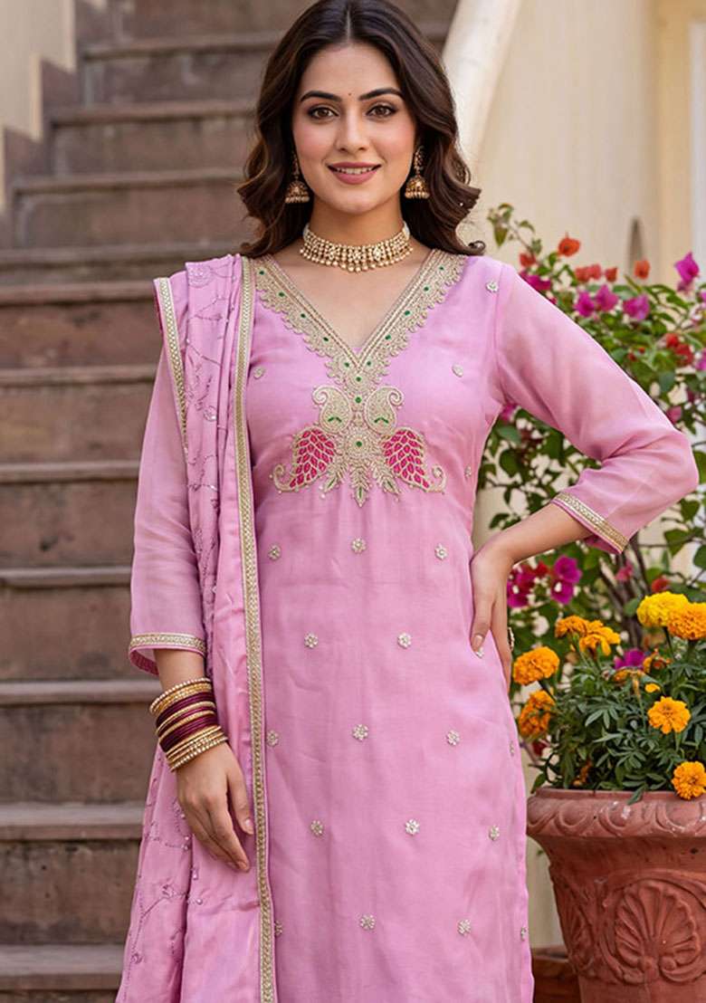 Purple Embroidery Viscose Material Suit Set - Indya