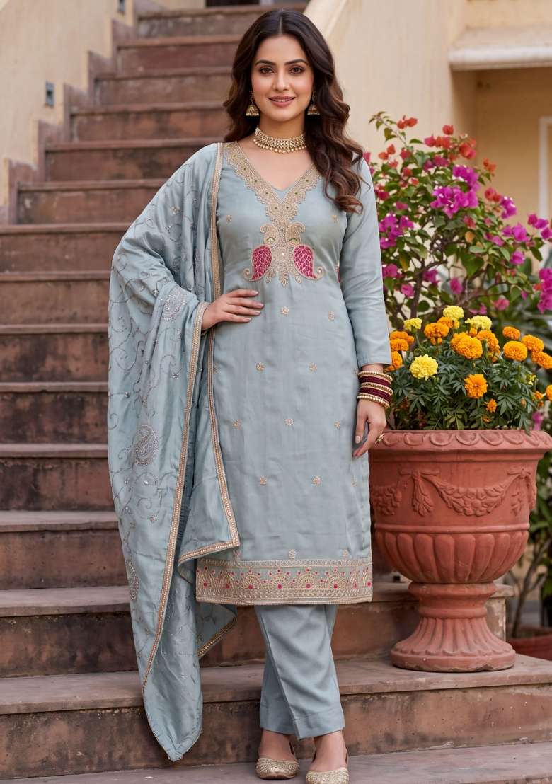 Sea Green Embroidery Viscose Material Suit Set - Indya