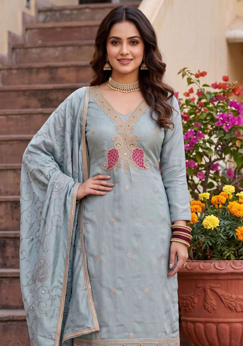 Sea Green Embroidery Viscose Material Suit Set - Indya