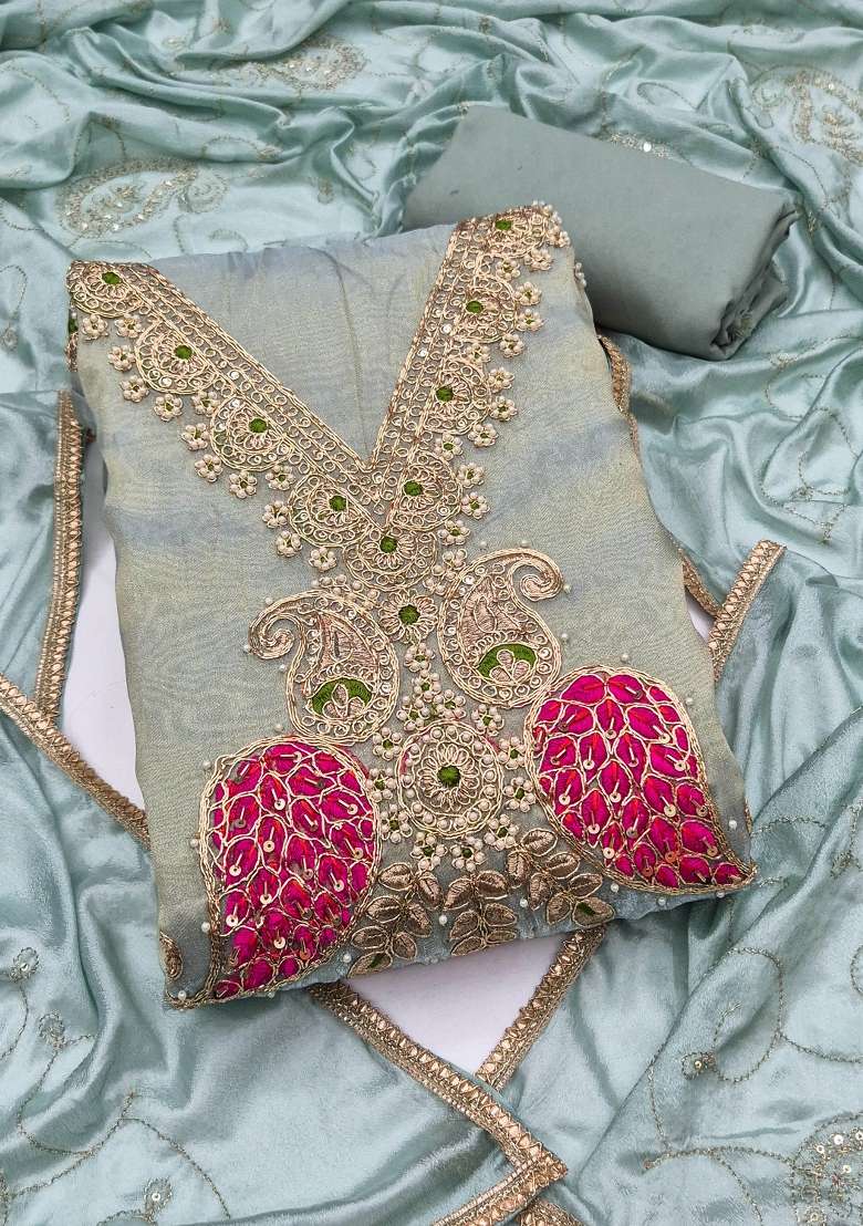Sea Green Embroidery Viscose Material Suit Set - Indya