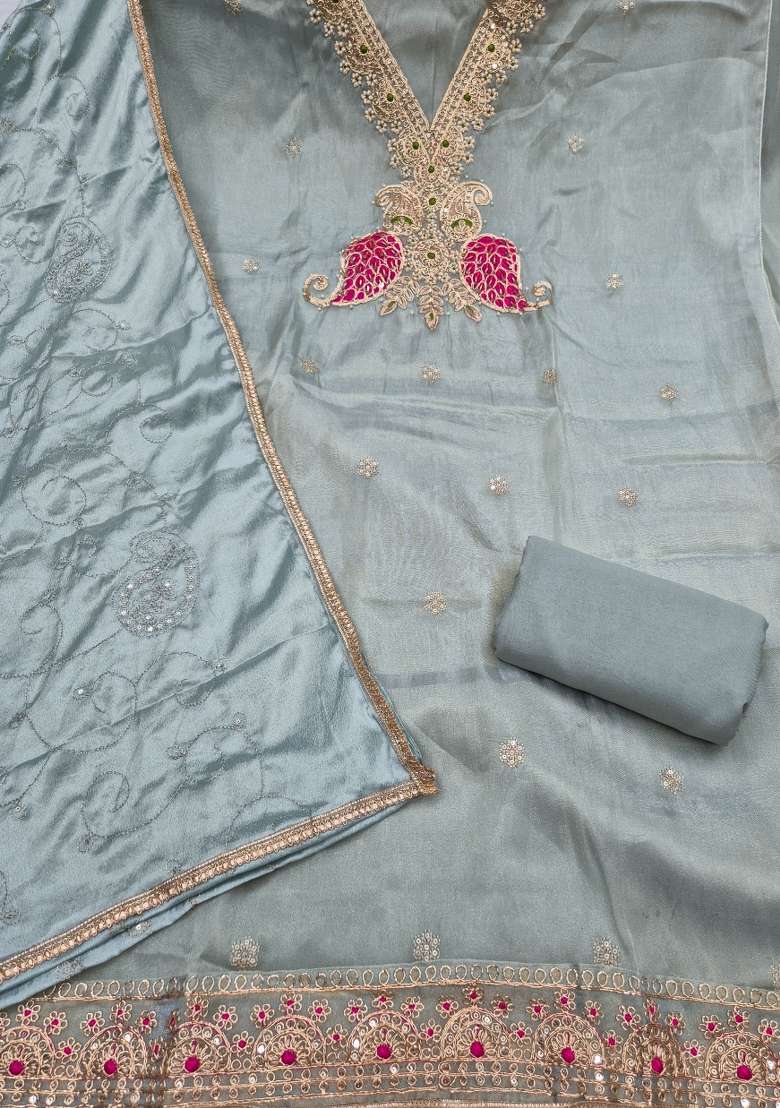 Sea Green Embroidery Viscose Material Suit Set - Indya