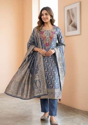 Dusty Blue Weaving Work Silk Material Suit Set