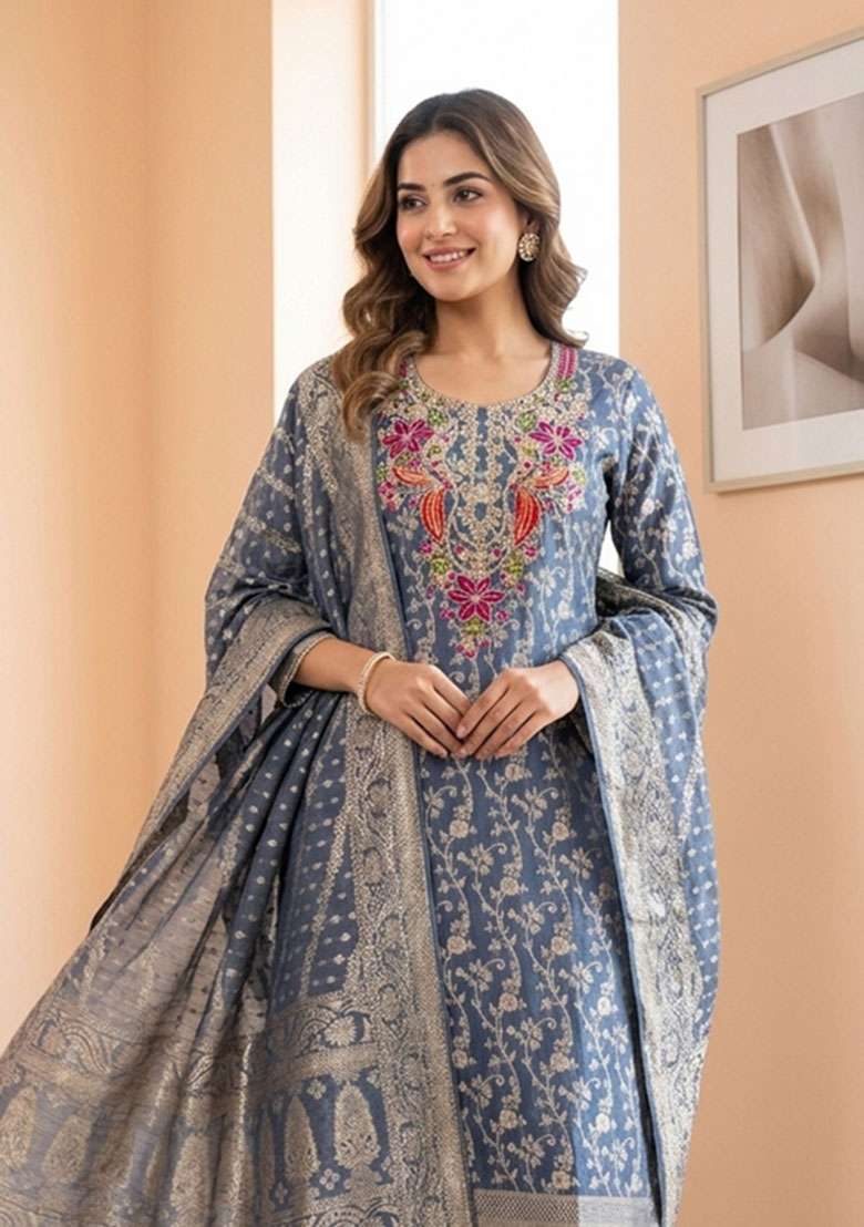 Dusty Blue Weaving Work Silk Material Suit Set - Indya