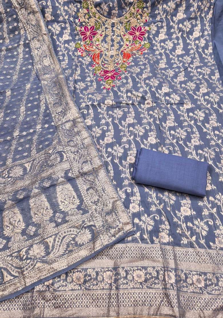 Dusty Blue Weaving Work Silk Material Suit Set - Indya