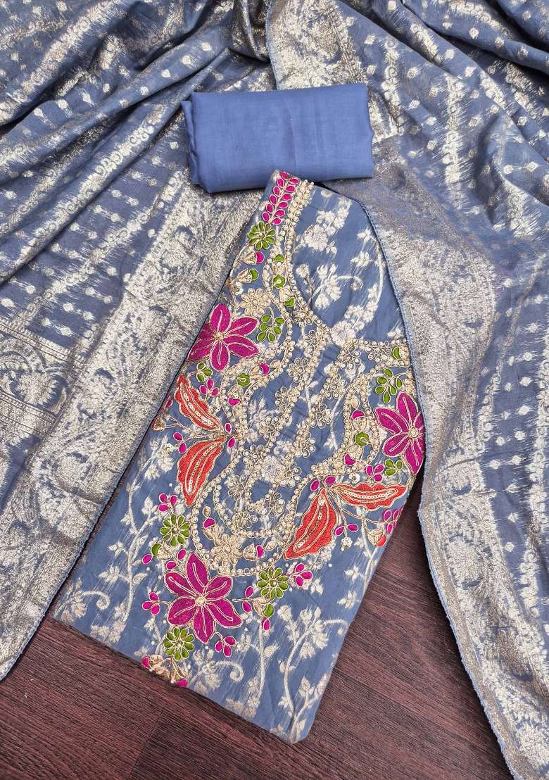 Dusty Blue Weaving Work Silk Material Suit Set - Indya