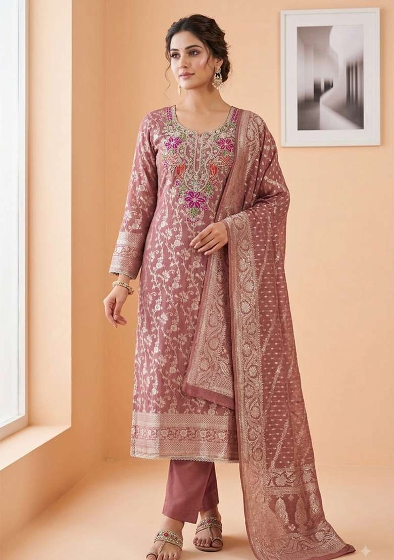 Rust Weaving Work Silk Material Suit Set - Indya