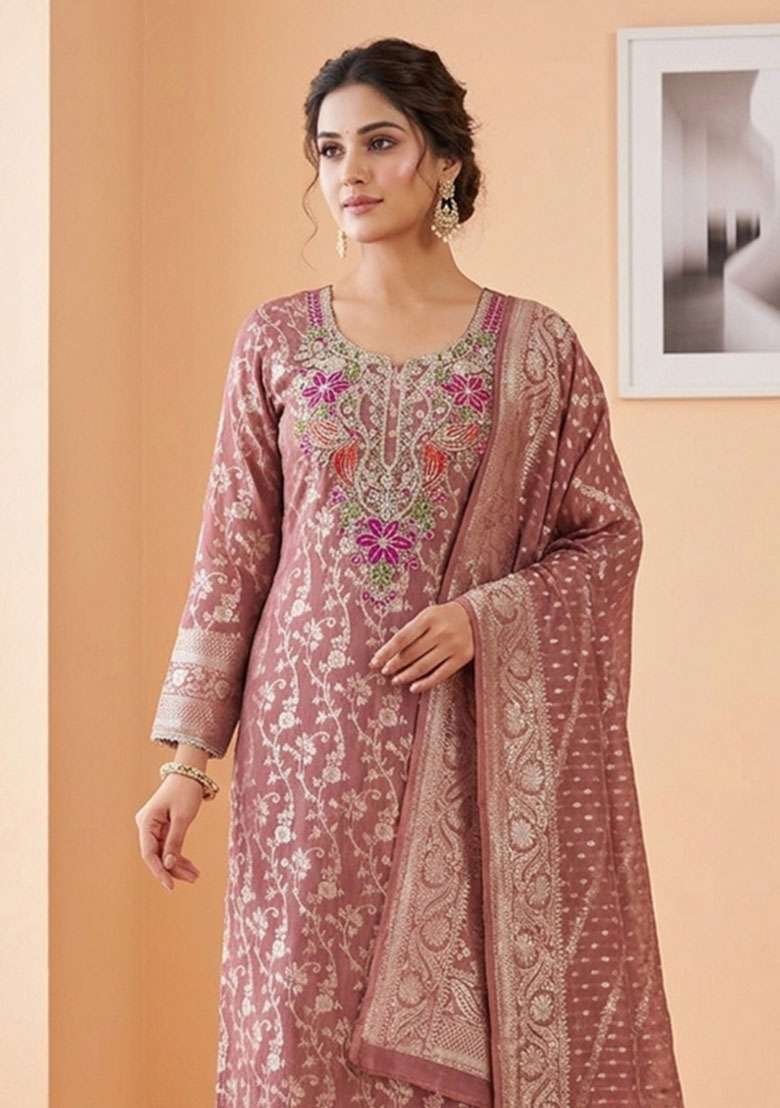 Rust Weaving Work Silk Material Suit Set - Indya