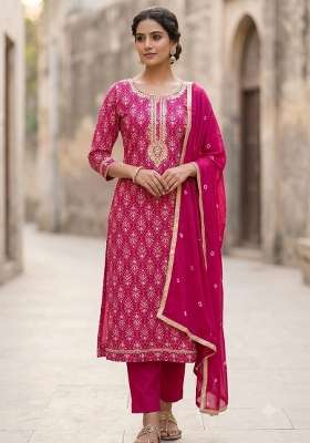 Magenta Printed Chanderi Material Suit Set