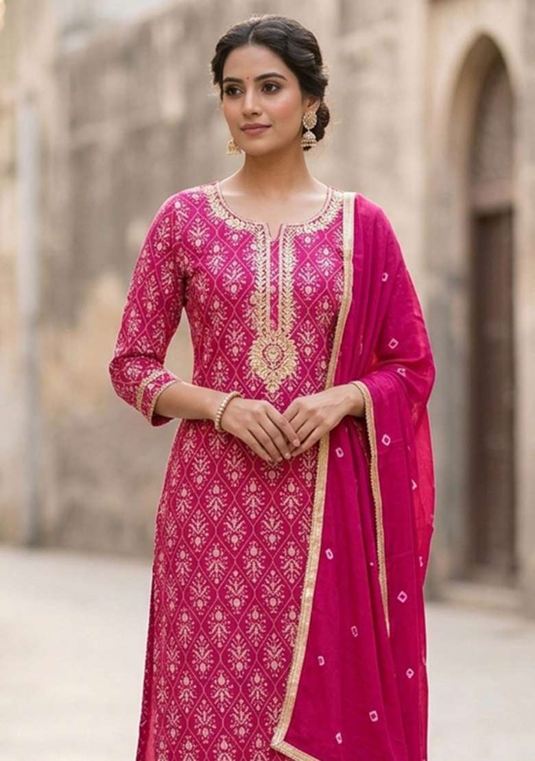 Magenta Printed Chanderi Material Suit Set - Indya
