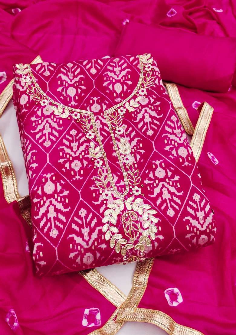 Magenta Printed Chanderi Material Suit Set - Indya