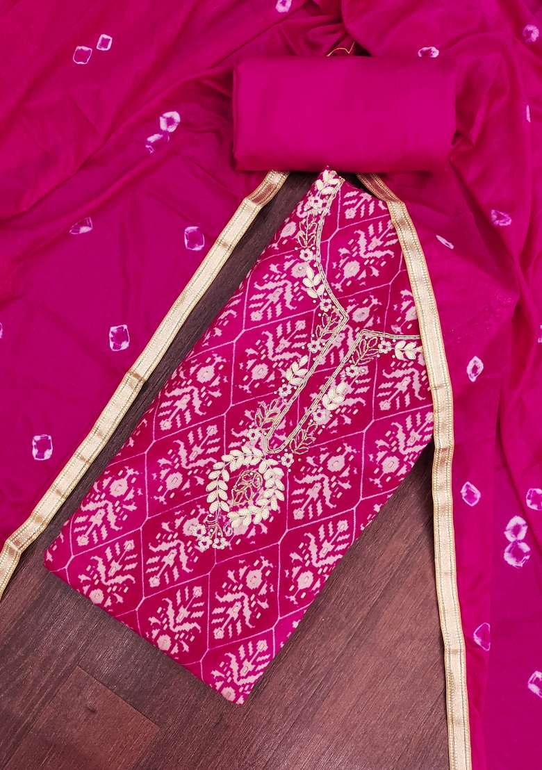 Magenta Printed Chanderi Material Suit Set - Indya