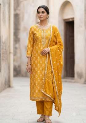 Mustard Printed Chanderi Material Suit Set