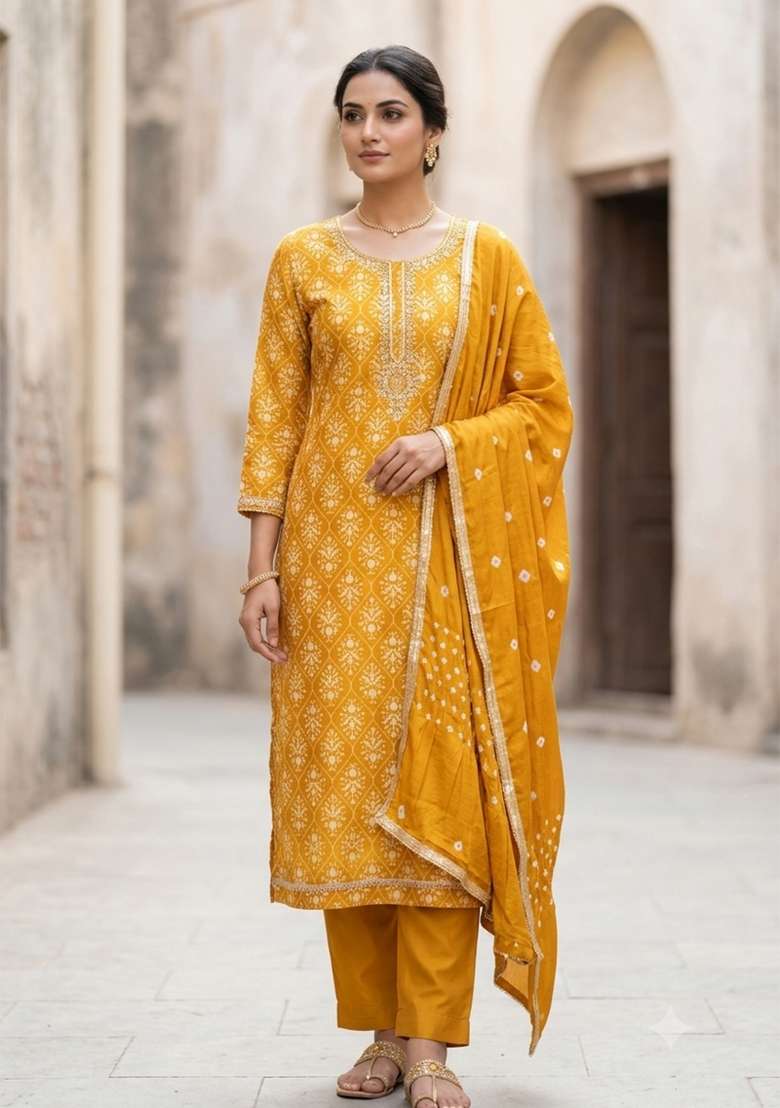 Mustard Printed Chanderi Material Suit Set - Indya