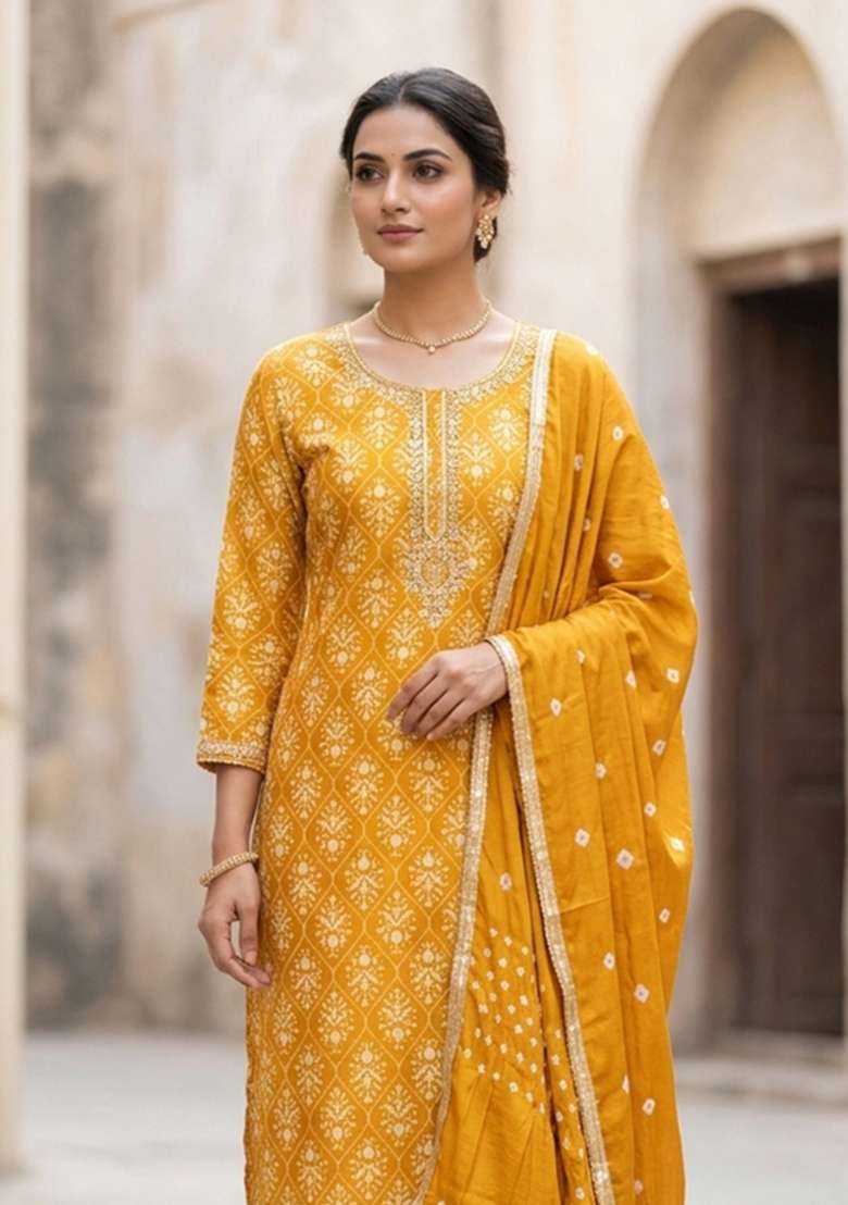 Mustard Printed Chanderi Material Suit Set - Indya