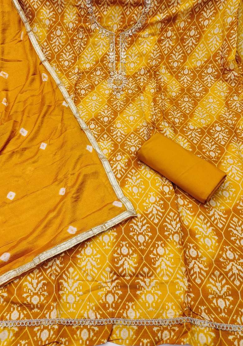 Mustard Printed Chanderi Material Suit Set - Indya
