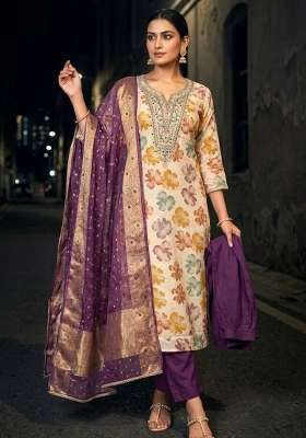 Multicolor Printed Chanderi Material Suit Set