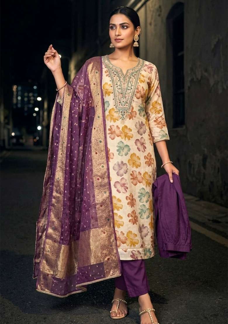 Multicolor Printed Chanderi Material Suit Set - Indya