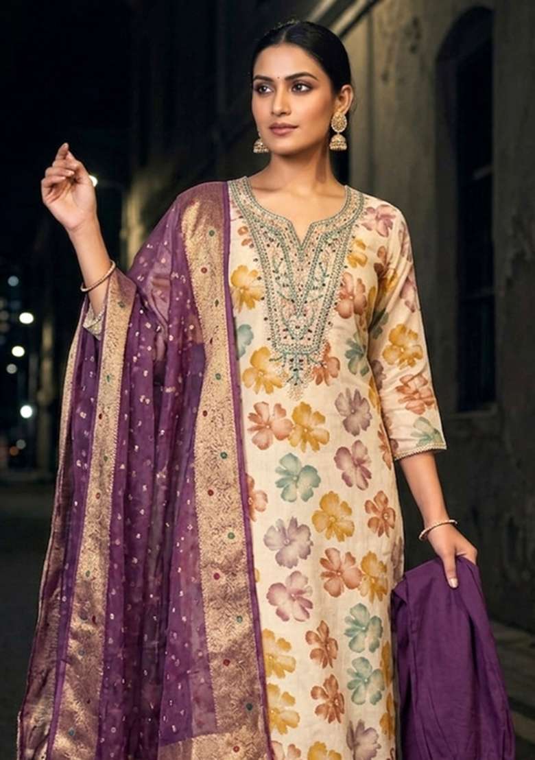 Multicolor Printed Chanderi Material Suit Set - Indya