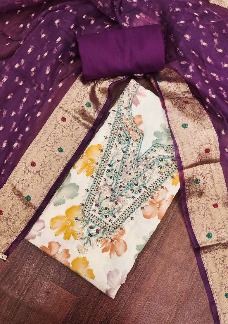 Multicolor Printed Chanderi Material Suit Set - Indya