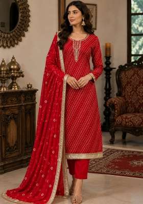 Red Printed Cotton Material Suit Set