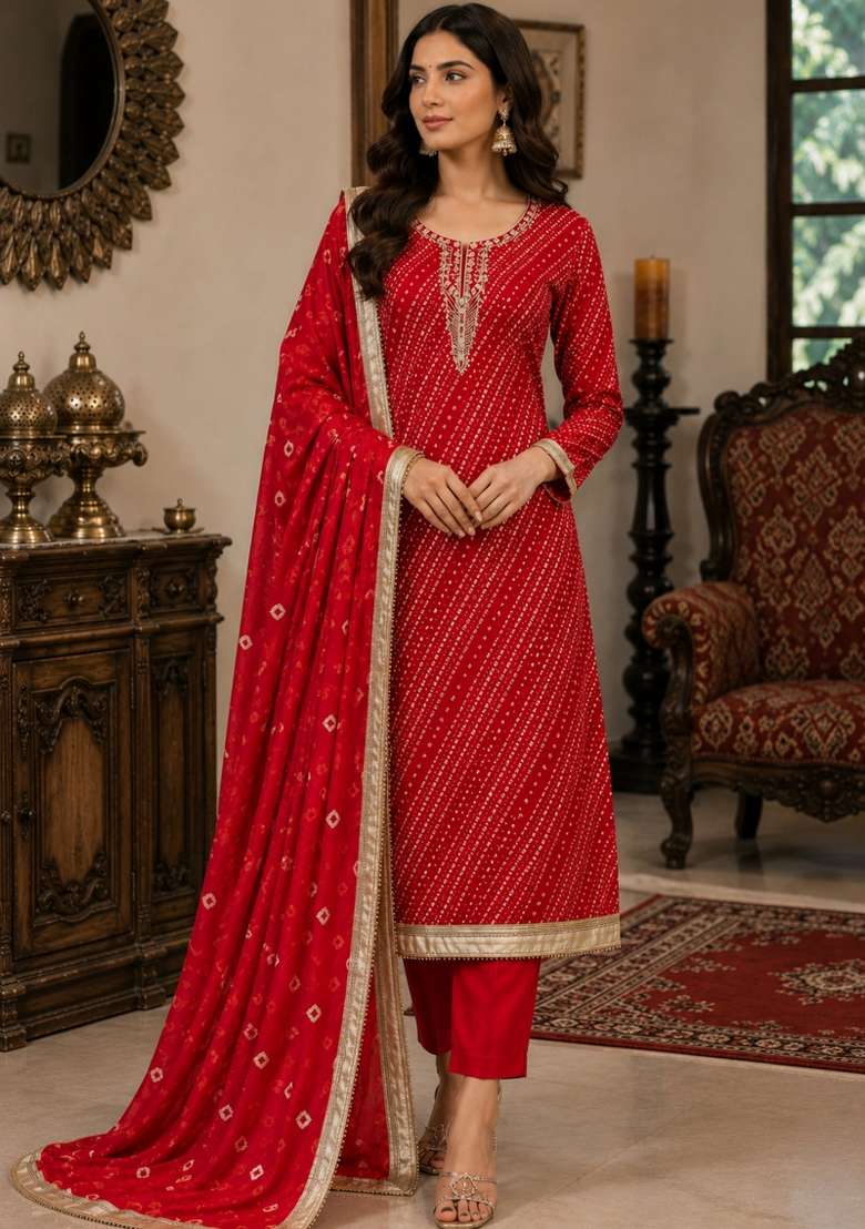 Red Printed Cotton Material Suit Set - Indya