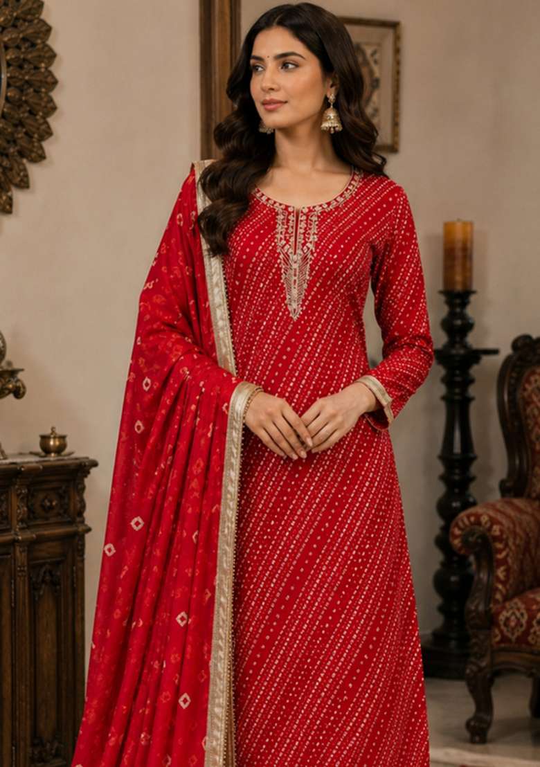 Red Printed Cotton Material Suit Set - Indya