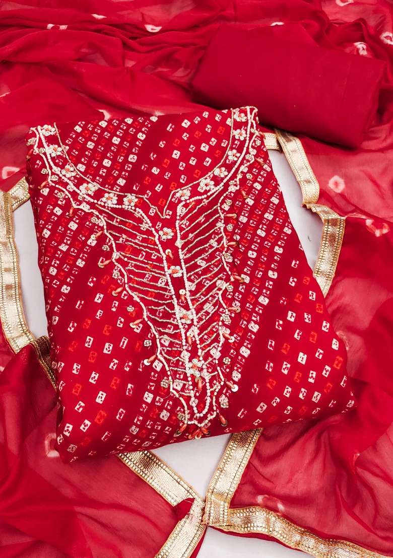 Red Printed Cotton Material Suit Set - Indya