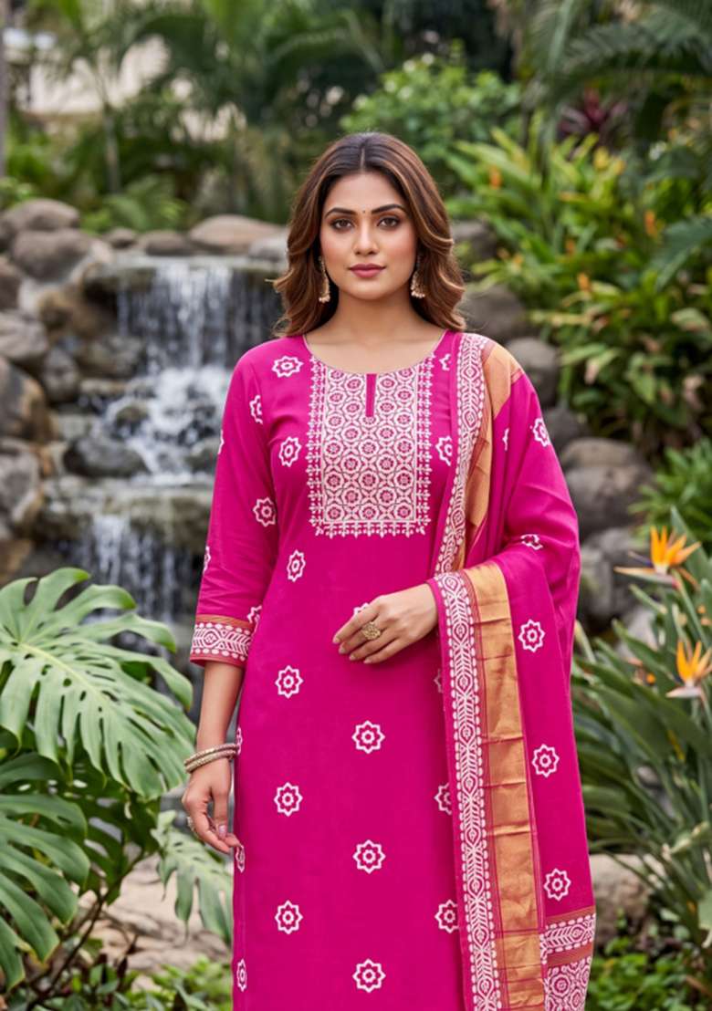 Magenta Printed Cotton Material Suit Set - Indya