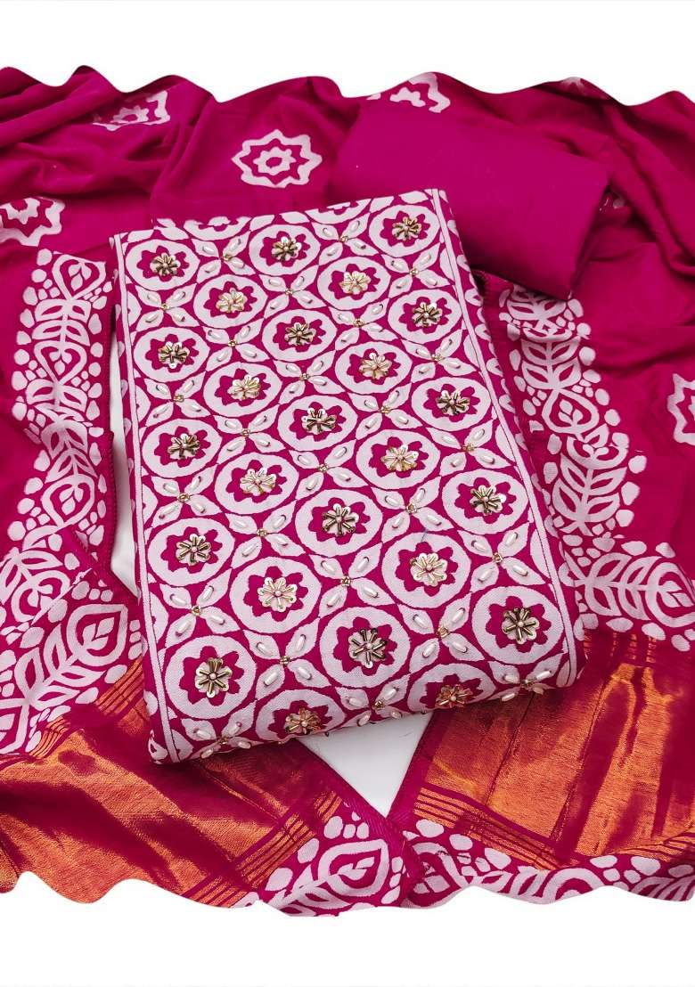 Magenta Printed Cotton Material Suit Set - Indya
