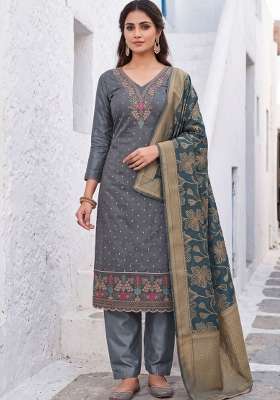 Grey Weaving Work Chanderi Material Suit Set
