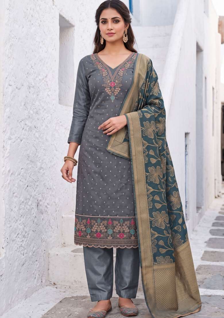 Grey Weaving Work Chanderi Material Suit Set - Indya