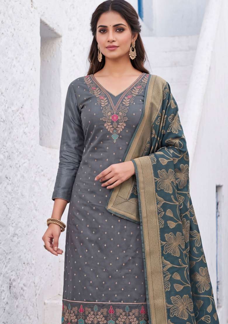 Grey Weaving Work Chanderi Material Suit Set - Indya