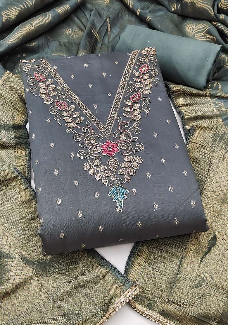 Grey Weaving Work Chanderi Material Suit Set - Indya