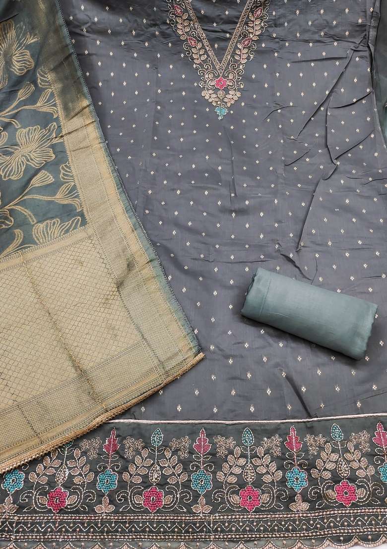 Grey Weaving Work Chanderi Material Suit Set - Indya