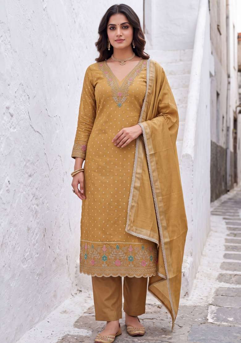 Beige Weaving Work Chanderi Material Suit Set - Indya