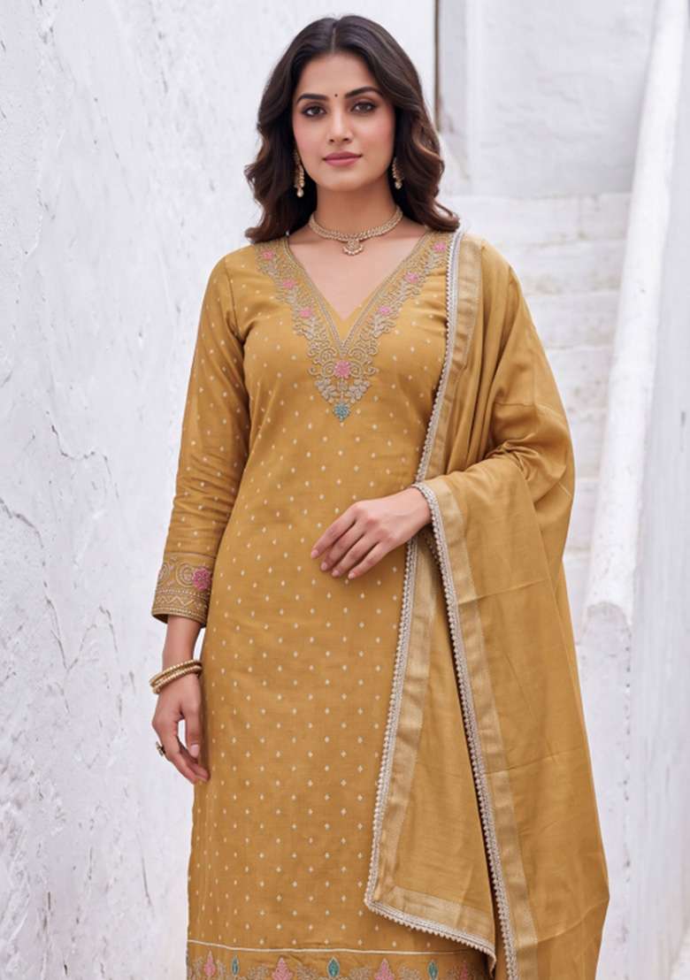 Beige Weaving Work Chanderi Material Suit Set - Indya