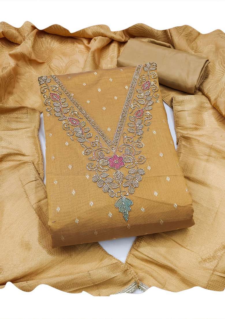 Beige Weaving Work Chanderi Material Suit Set - Indya