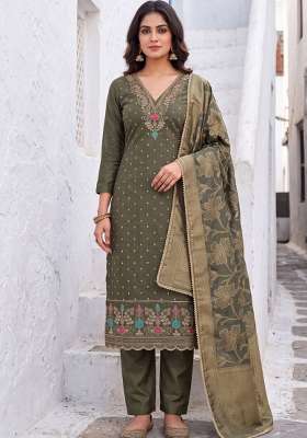 Olive Green Weaving Work Chanderi Material Suit Set