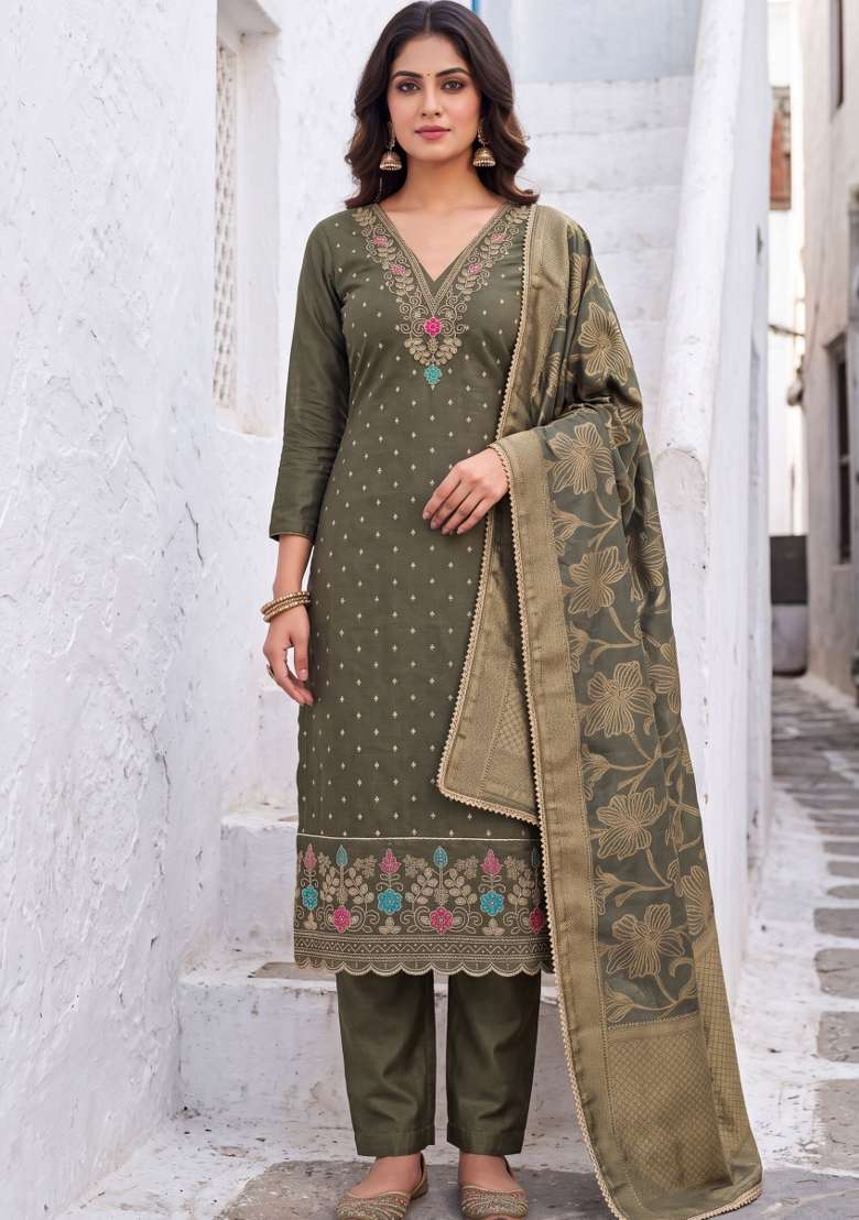 Olive Green Weaving Work Chanderi Material Suit Set - Indya