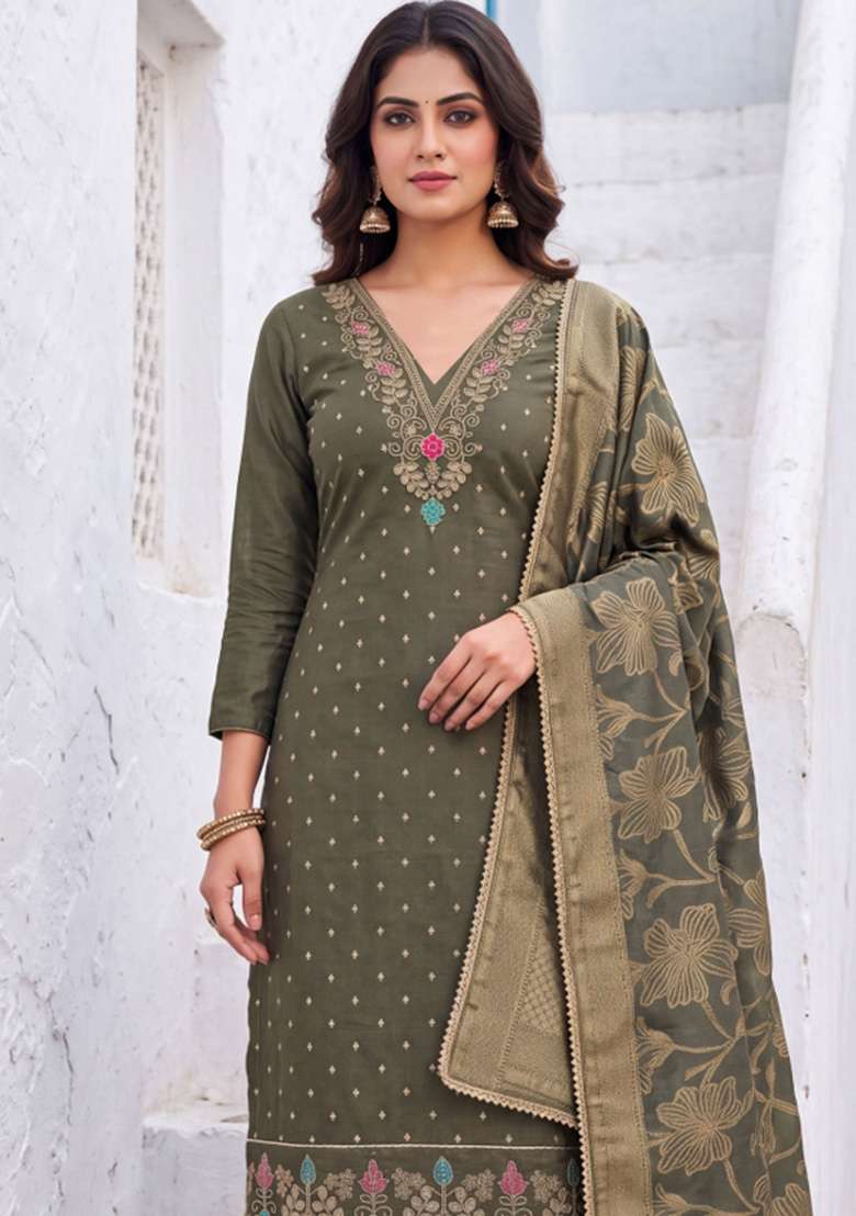 Olive Green Weaving Work Chanderi Material Suit Set - Indya