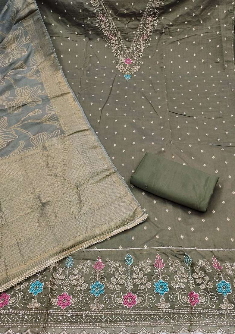 Olive Green Weaving Work Chanderi Material Suit Set - Indya