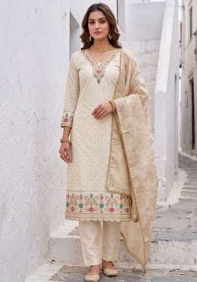 White Weaving Work Chanderi Material Suit Set