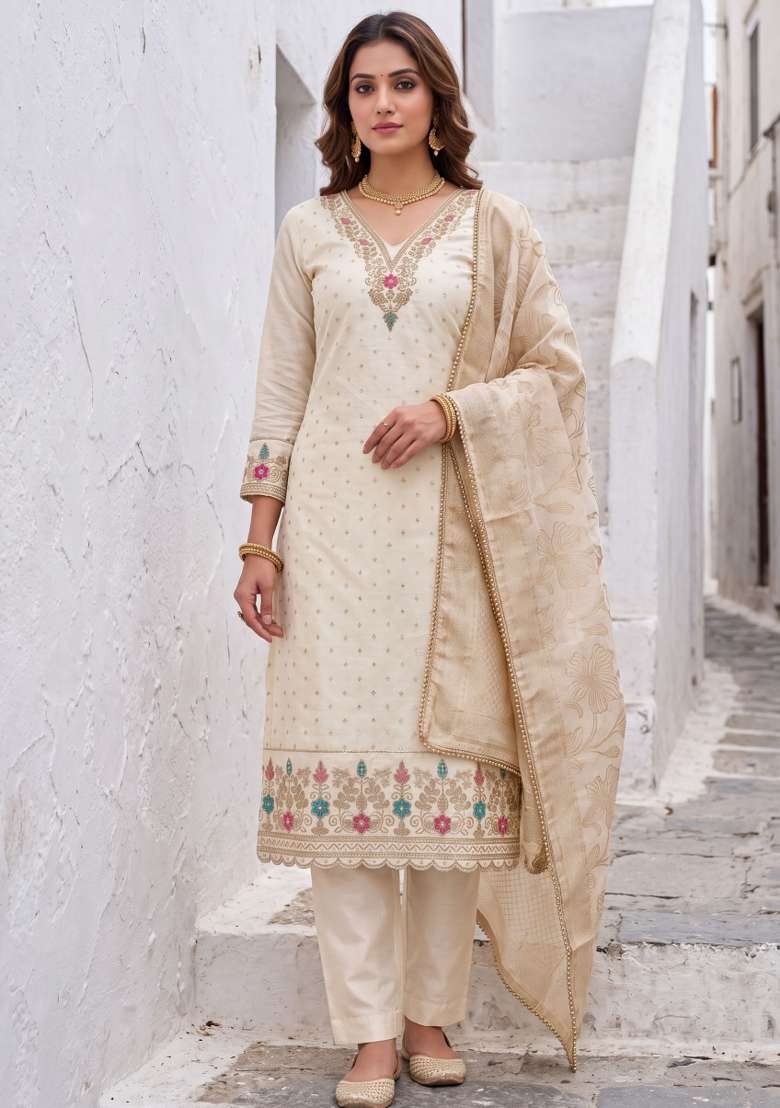 White Weaving Work Chanderi Material Suit Set - Indya