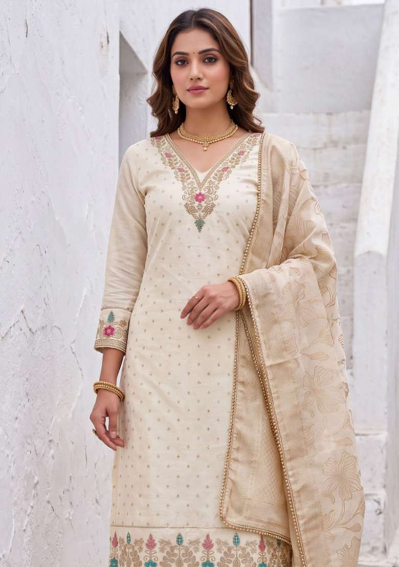 White Weaving Work Chanderi Material Suit Set - Indya