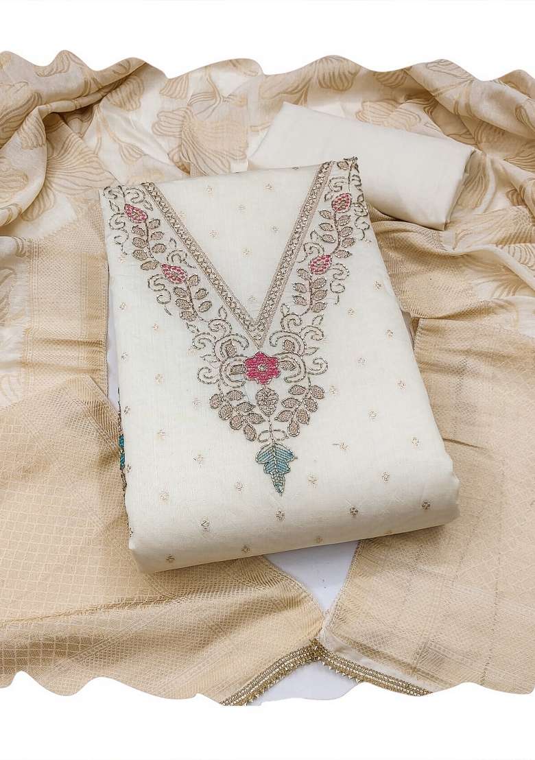 White Weaving Work Chanderi Material Suit Set - Indya